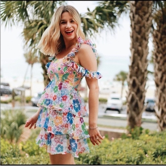 NWT All Things Mochi Ilima Floral Embroidered Mini Dress Tiered Off Shoulder M - Picture 3 of 12